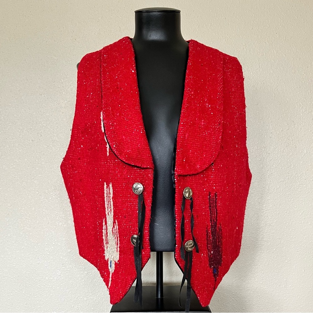 Red and Black Asymmetrical Vest with Shawl Collar